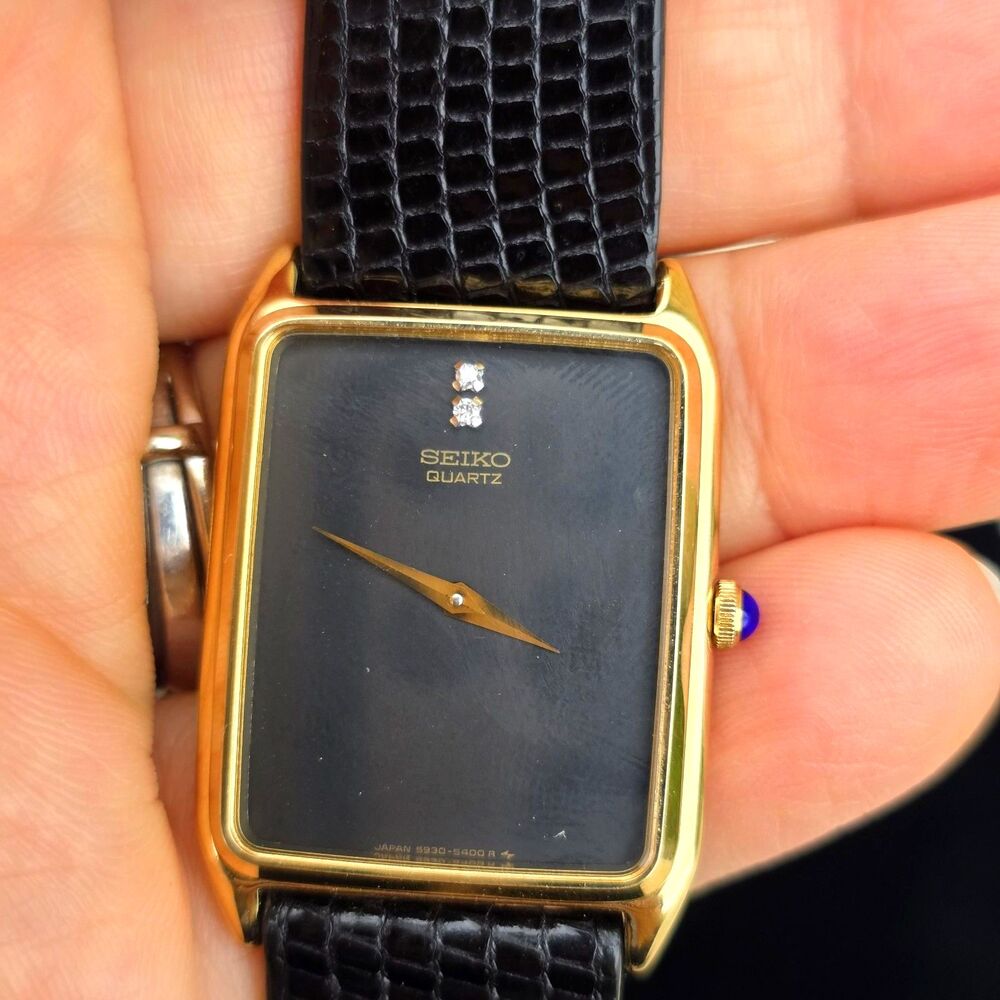 Seiko Mens Watch 18mm Black Gold Tone Diamonds Leather 5930-5409 Needs Battery